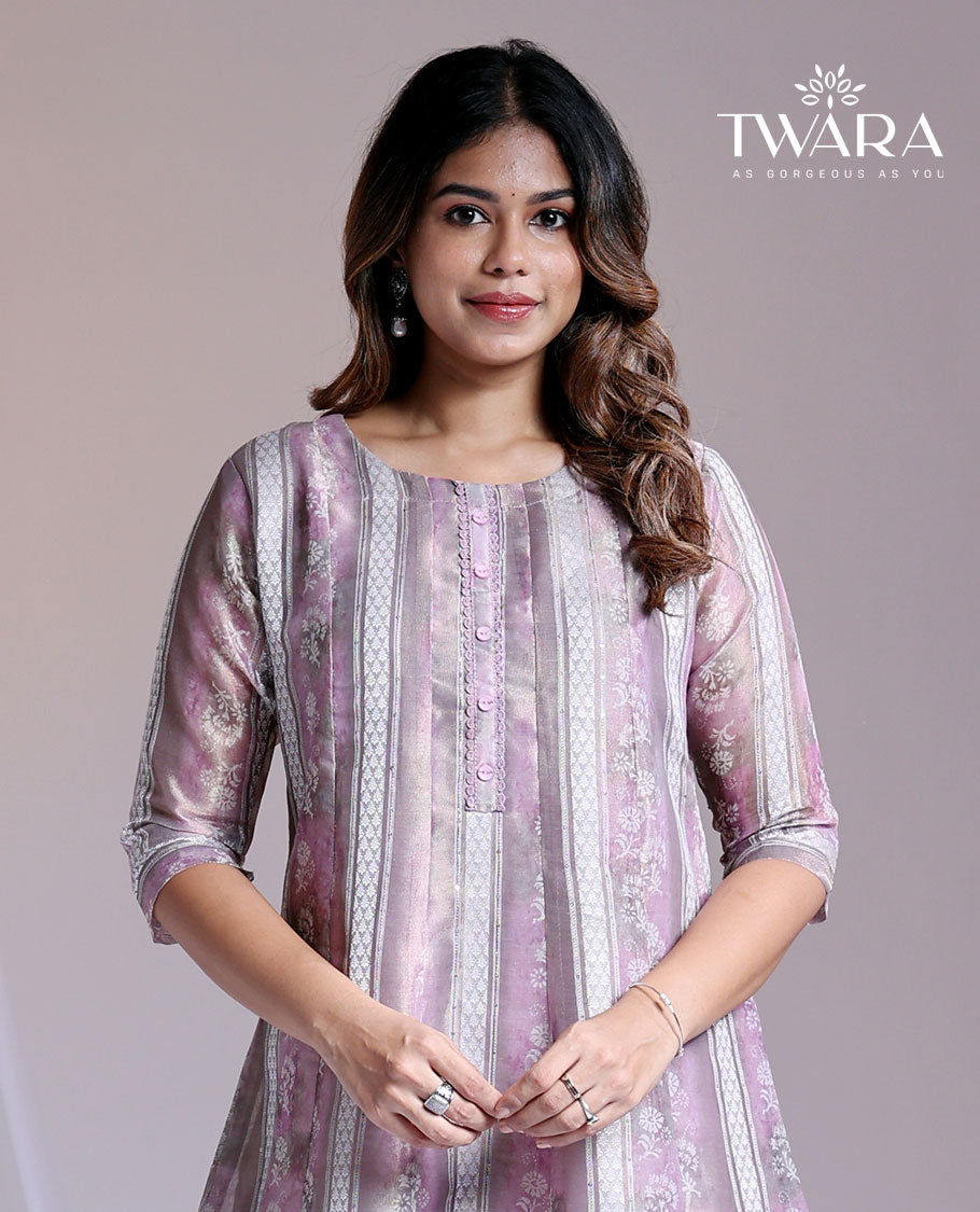 Twara pink intricate floral printed round-neck & 3/4th sleeve below-knee kurti