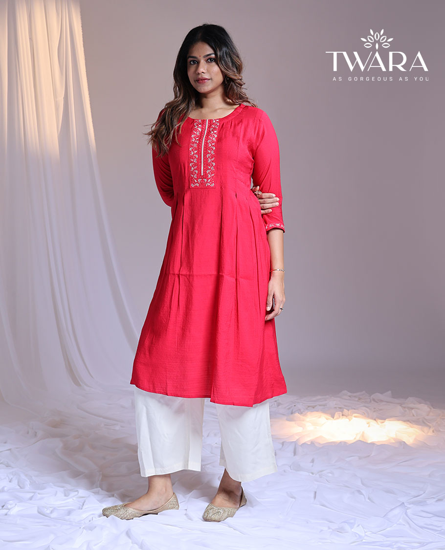 Twara red embroidery round-neck 3/4th-sleeve knee-length kurti