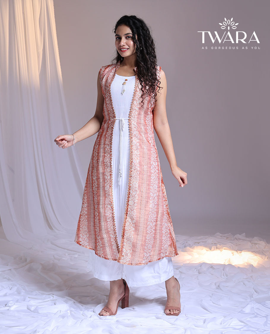 Twara white kurti with contrast sleeveless printed long Chinese collar tie-up shrug