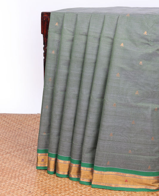 Grey Andhra cotton saree with buttas, contrast unique design border & striped pallu