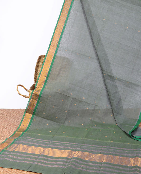 Grey Andhra cotton saree with buttas, contrast unique design border & striped pallu
