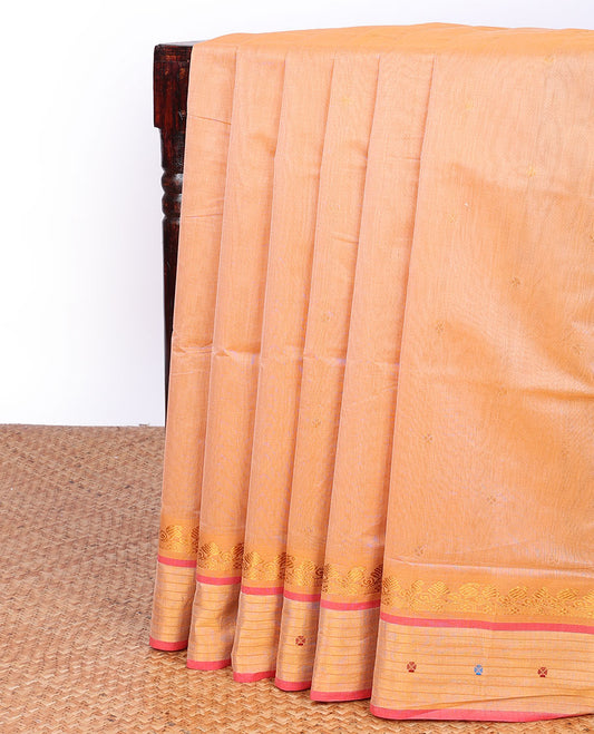 Orange Andhra cotton saree with buttas, contrast zari design border & striped pallu