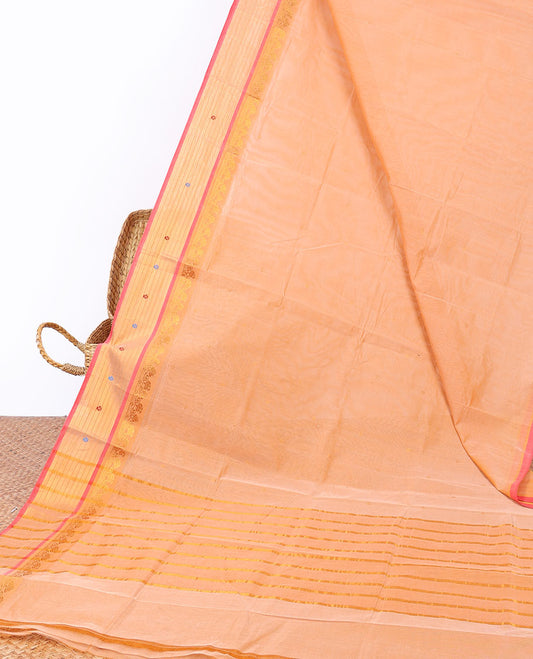 Orange Andhra cotton saree with buttas, contrast zari design border & striped pallu