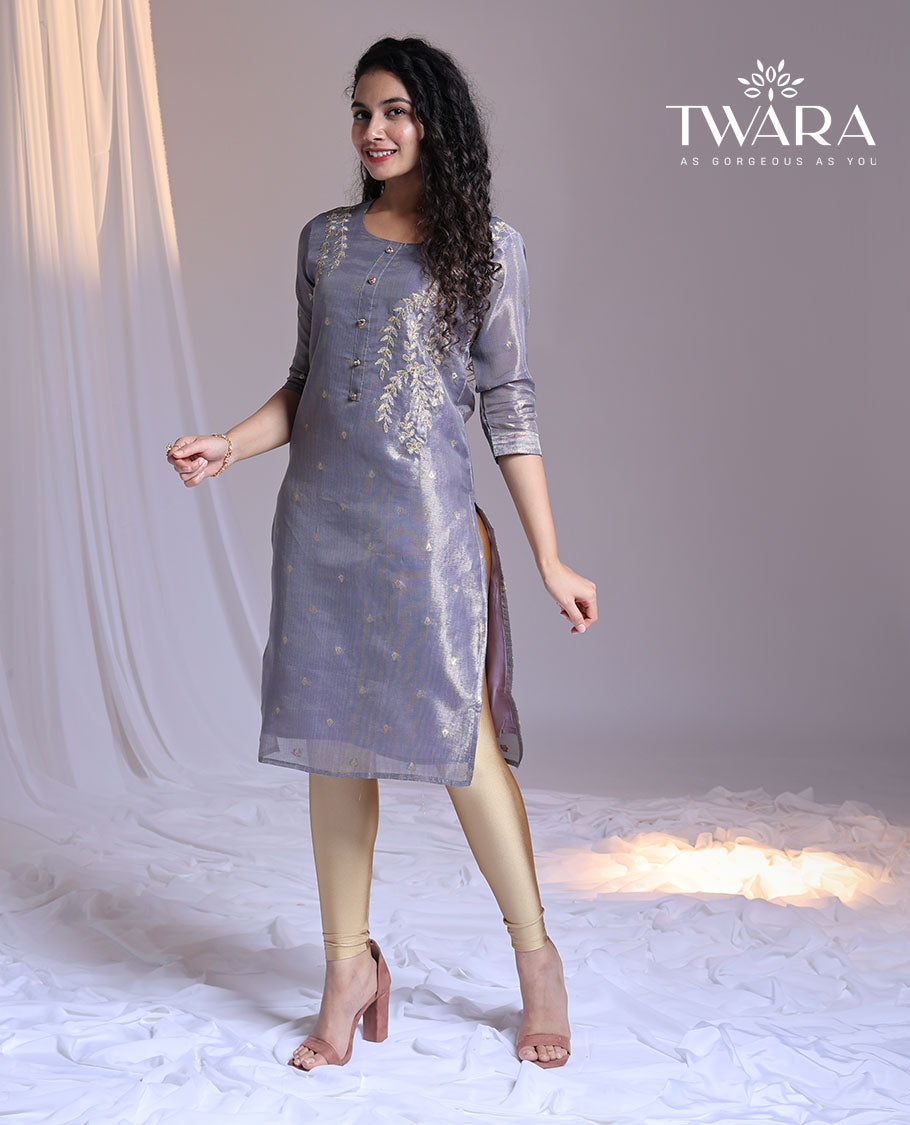 Twara grey embroidery round-neck 3/4th-sleeve knee-length straight-cut kurti