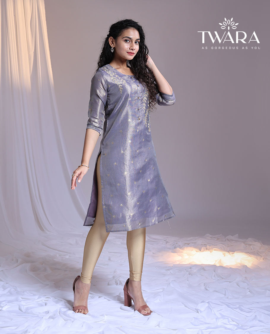 Twara grey embroidery round-neck 3/4th-sleeve knee-length straight-cut kurti