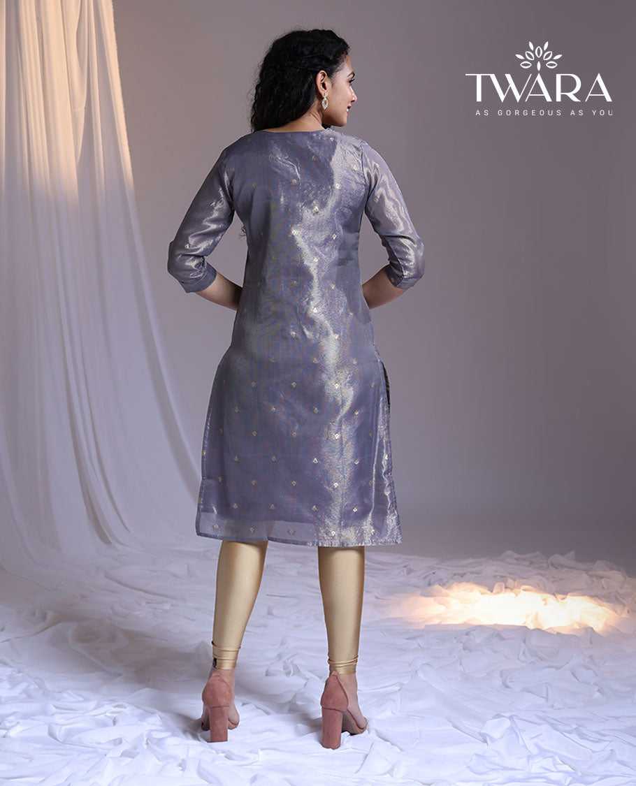 Twara grey embroidery round-neck 3/4th-sleeve knee-length straight-cut kurti