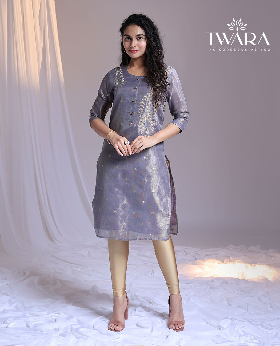 Twara grey embroidery round-neck 3/4th-sleeve knee-length straight-cut kurti