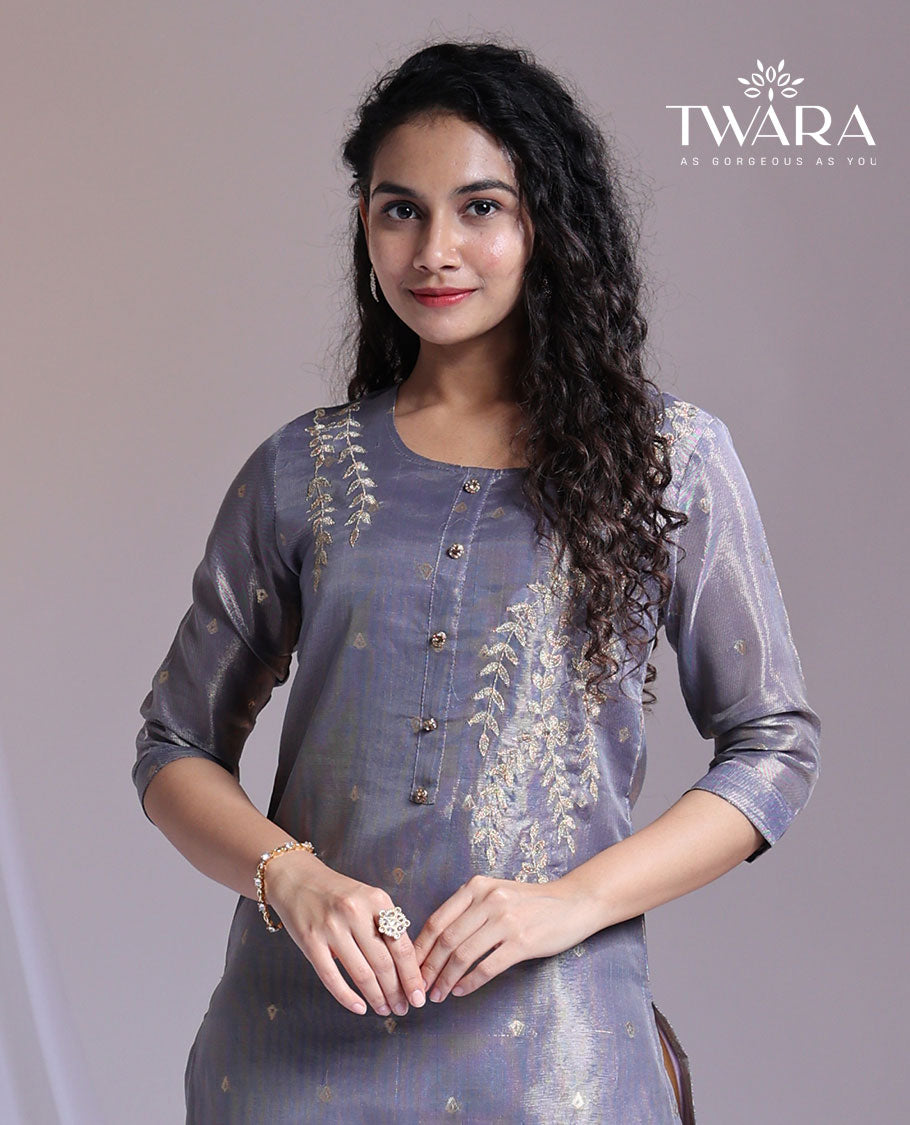 Twara grey embroidery round-neck 3/4th-sleeve knee-length straight-cut kurti