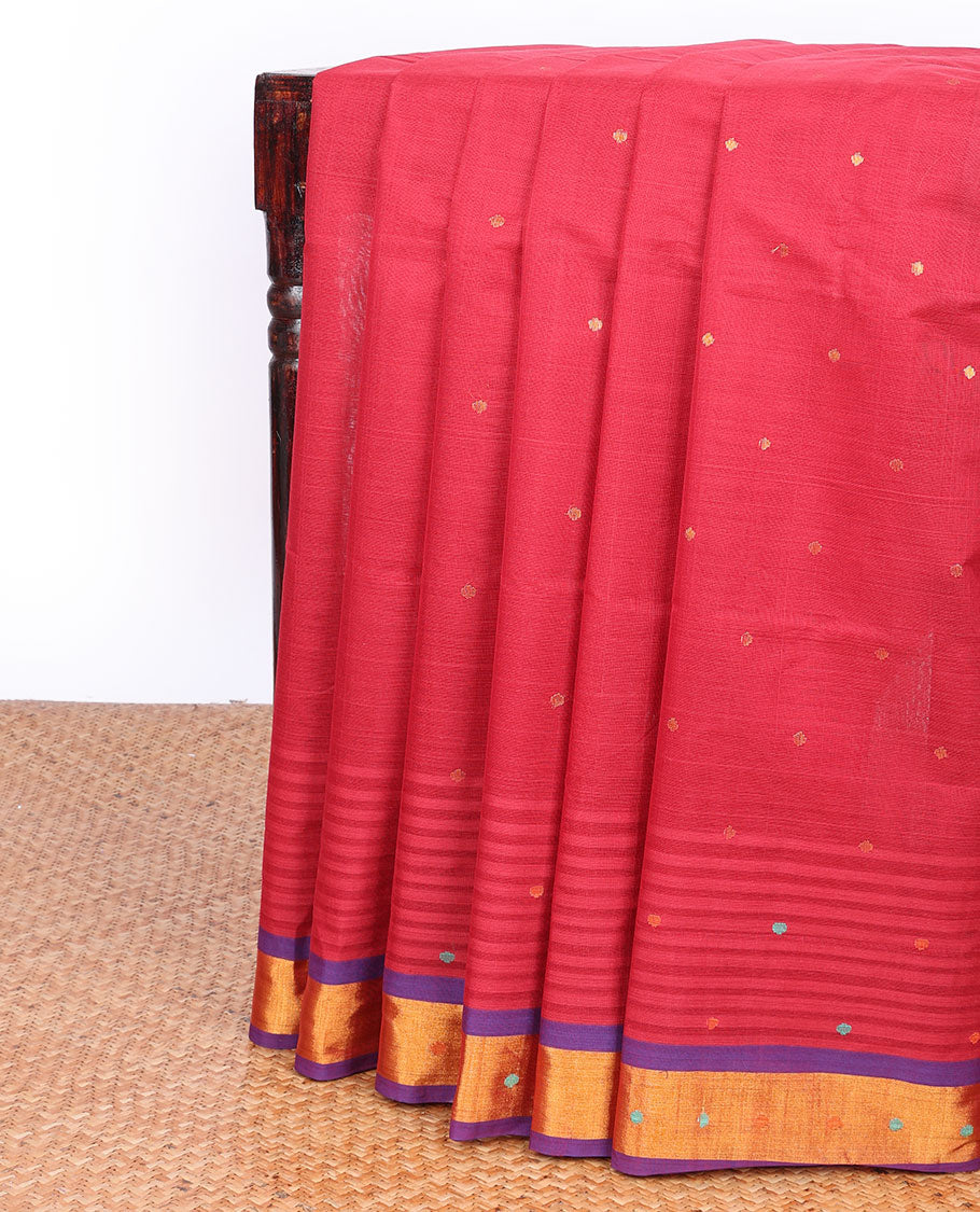 Red striped Andhra cotton saree with buttas, contrast unique design border & striped pallu