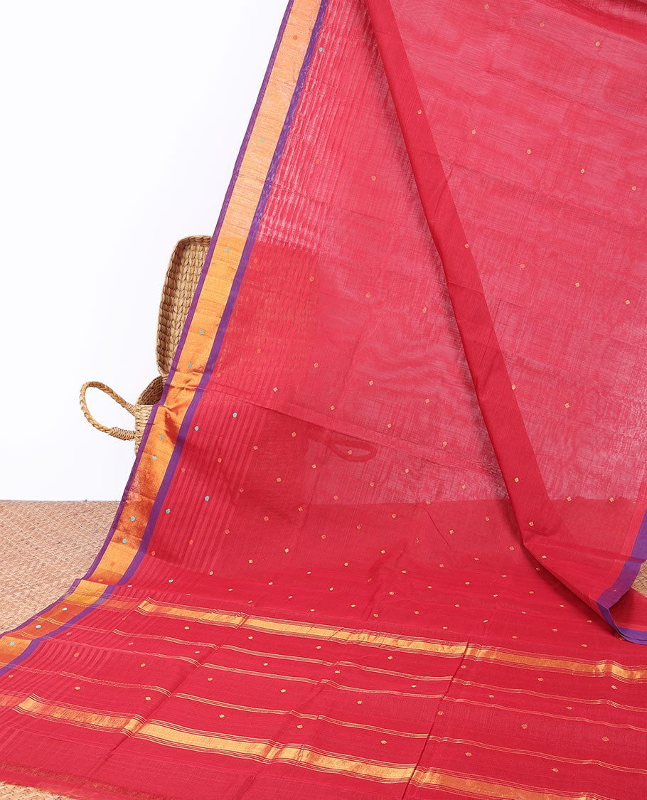Red striped Andhra cotton saree with buttas, contrast unique design border & striped pallu