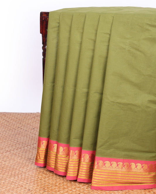 Green plain Andhra cotton saree, contrast traditional design border & striped pallu
