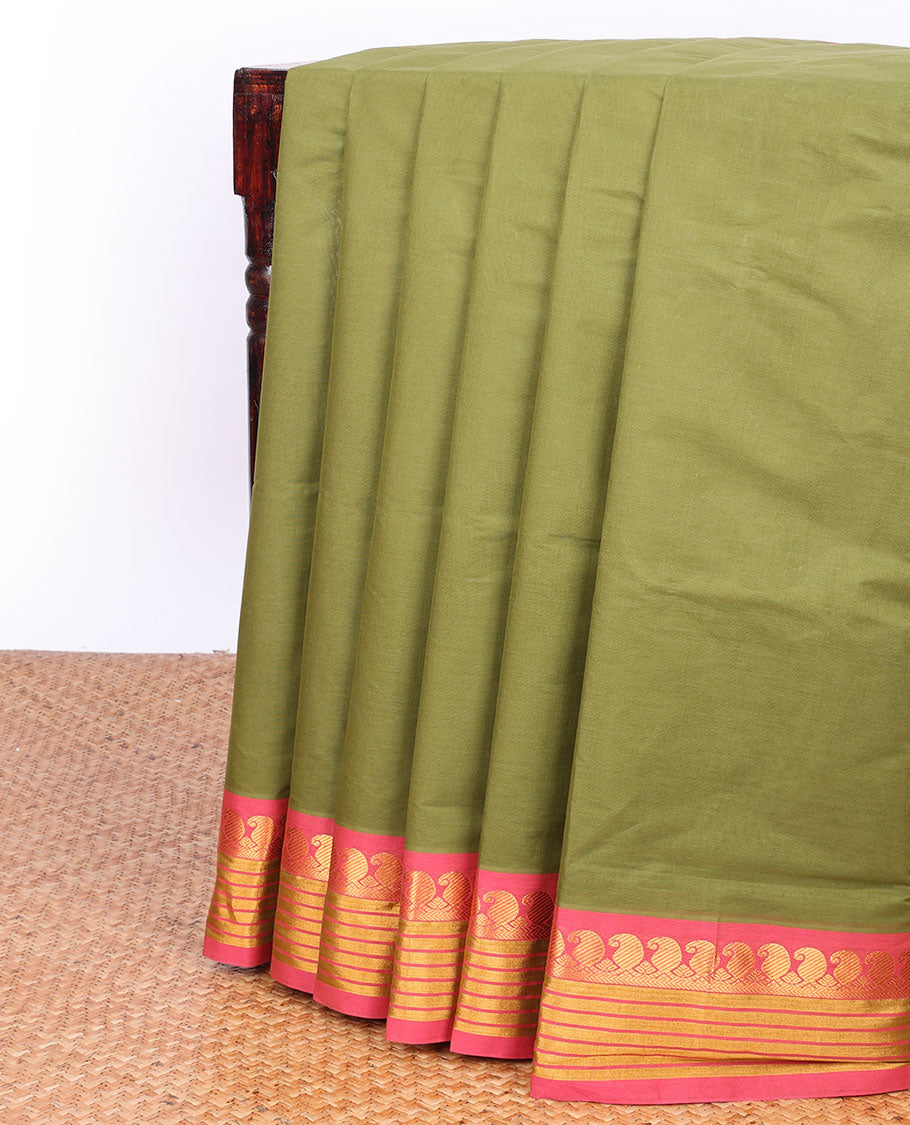 Green plain Andhra cotton saree, contrast traditional design border & striped pallu