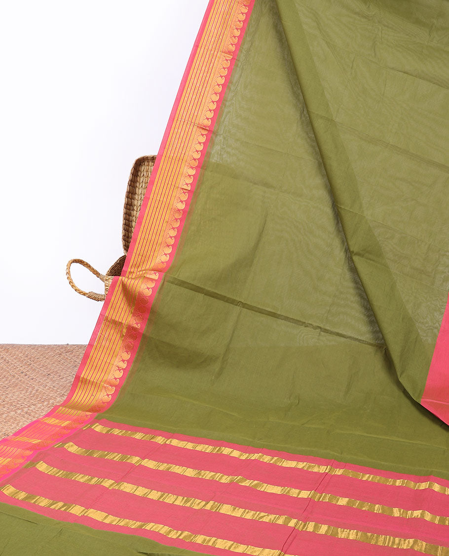 Green plain Andhra cotton saree, contrast traditional design border & striped pallu