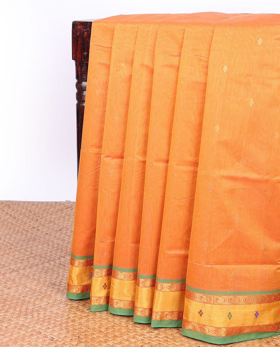 Orange Andhra cotton saree with buttas, contrast traditional design border & striped pallu