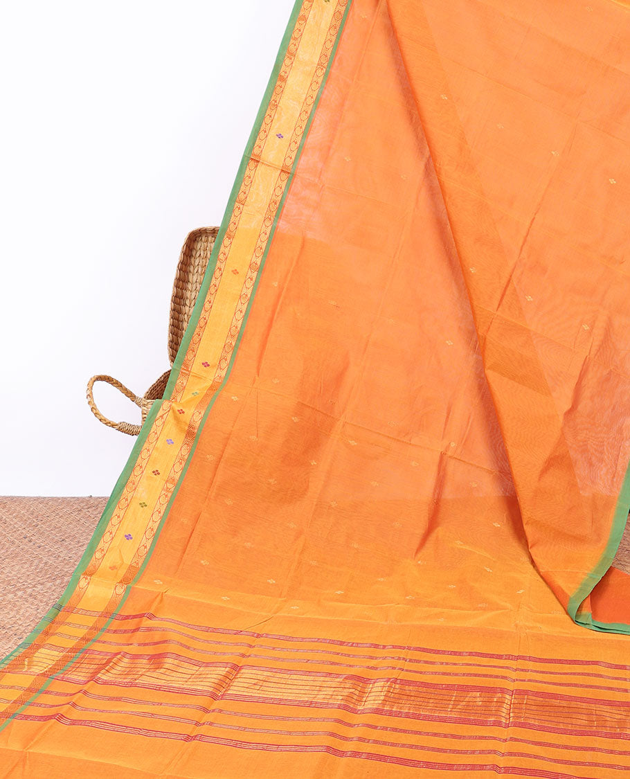 Orange Andhra cotton saree with buttas, contrast traditional design border & striped pallu