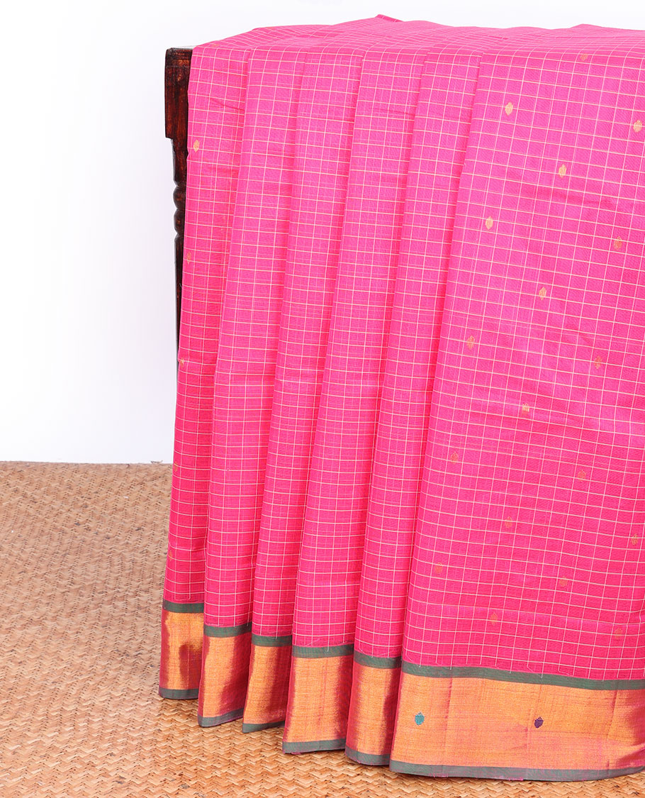 Pink checked Andhra cotton saree with buttas, contrast traditional design border & striped pallu