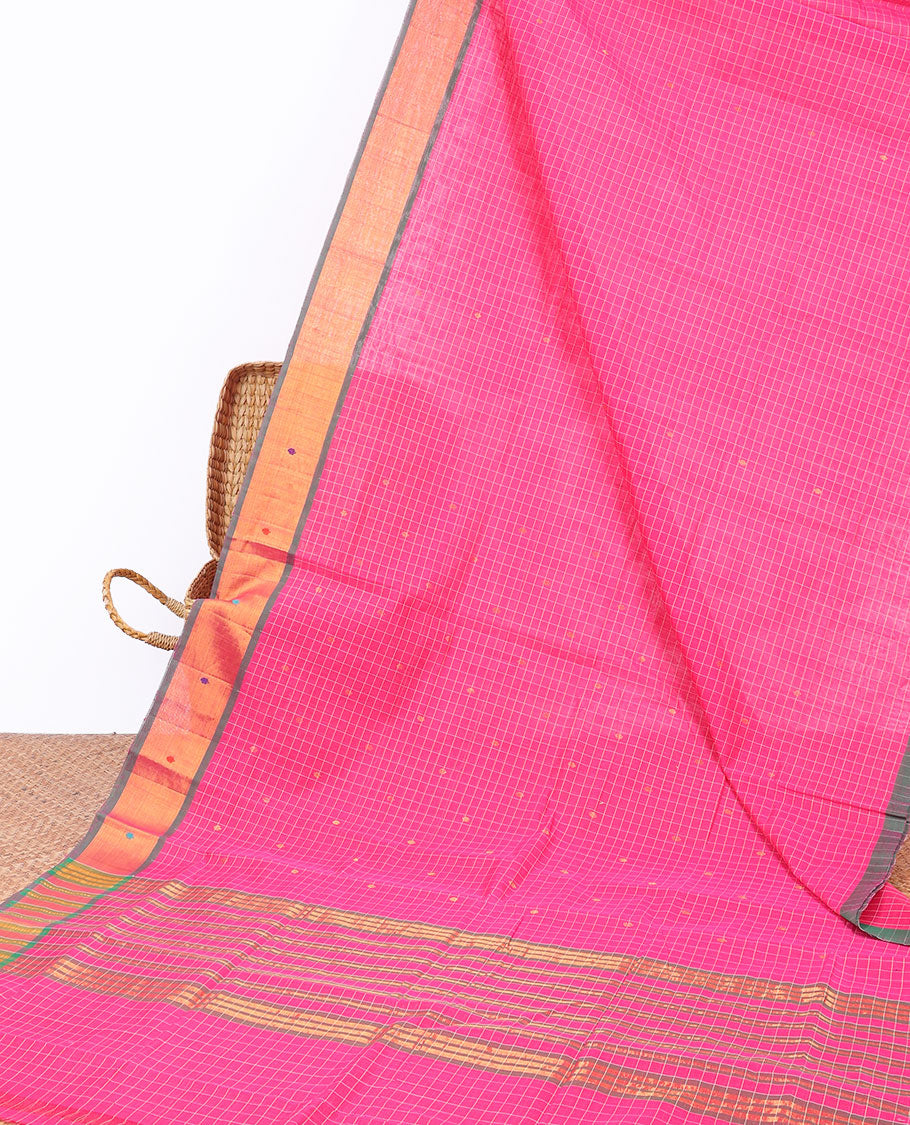 Pink checked Andhra cotton saree with buttas, contrast traditional design border & striped pallu
