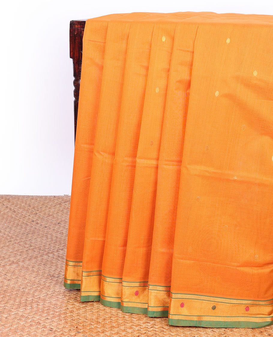 Orange Andhra cotton saree with buttas, contrast traditional design border & striped pallu