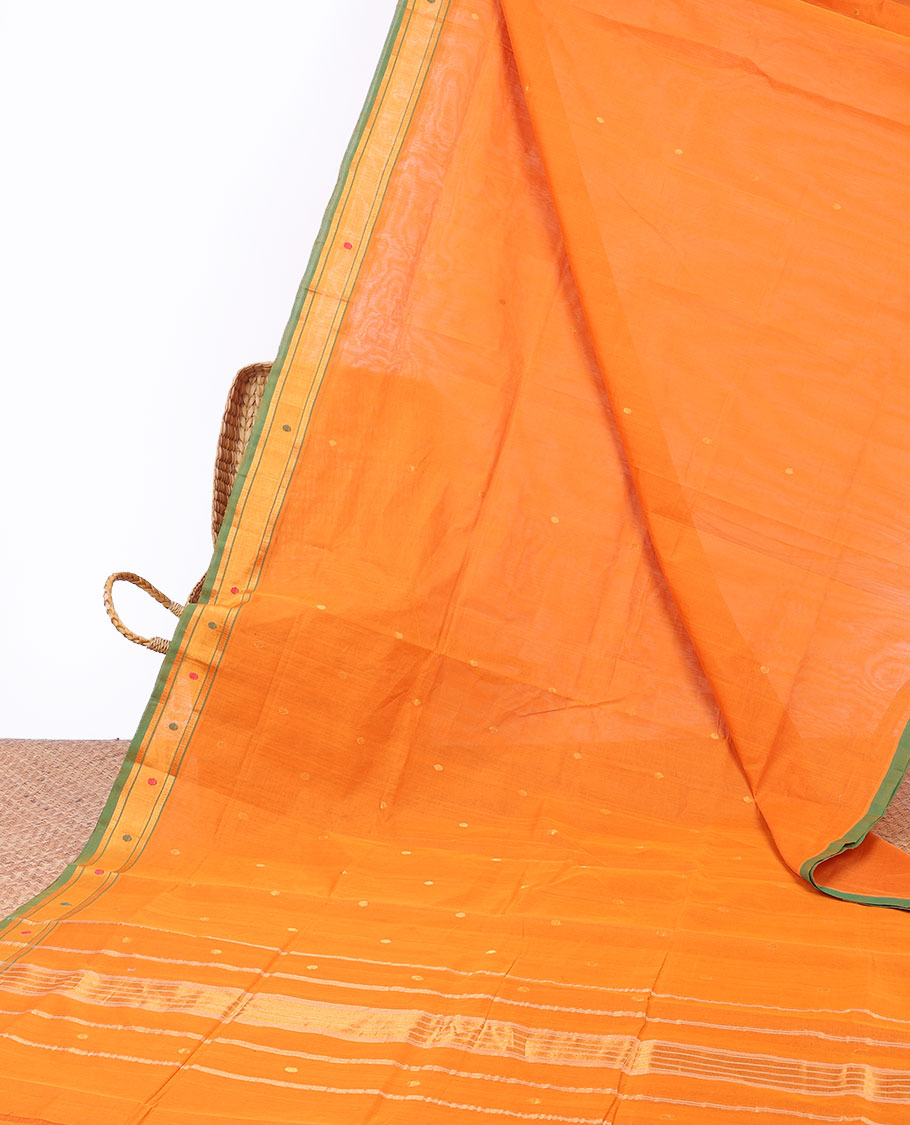 Orange Andhra cotton saree with buttas, contrast traditional design border & striped pallu