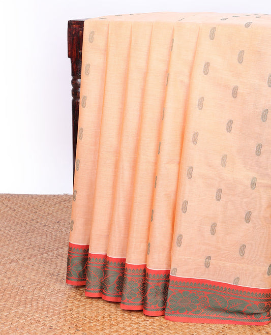 Sandal Andhra cotton saree with buttas, contrast floral design border & paisley pallu