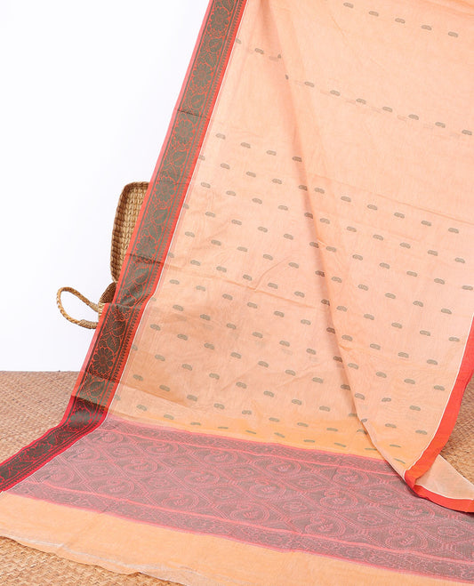 Sandal Andhra cotton saree with buttas, contrast floral design border & paisley pallu