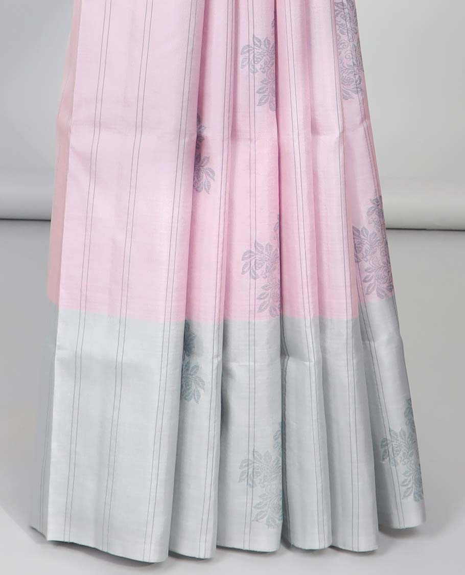 Pink striped & floral designs soft silk saree, contrast striped & floral designs border & intricate pallu