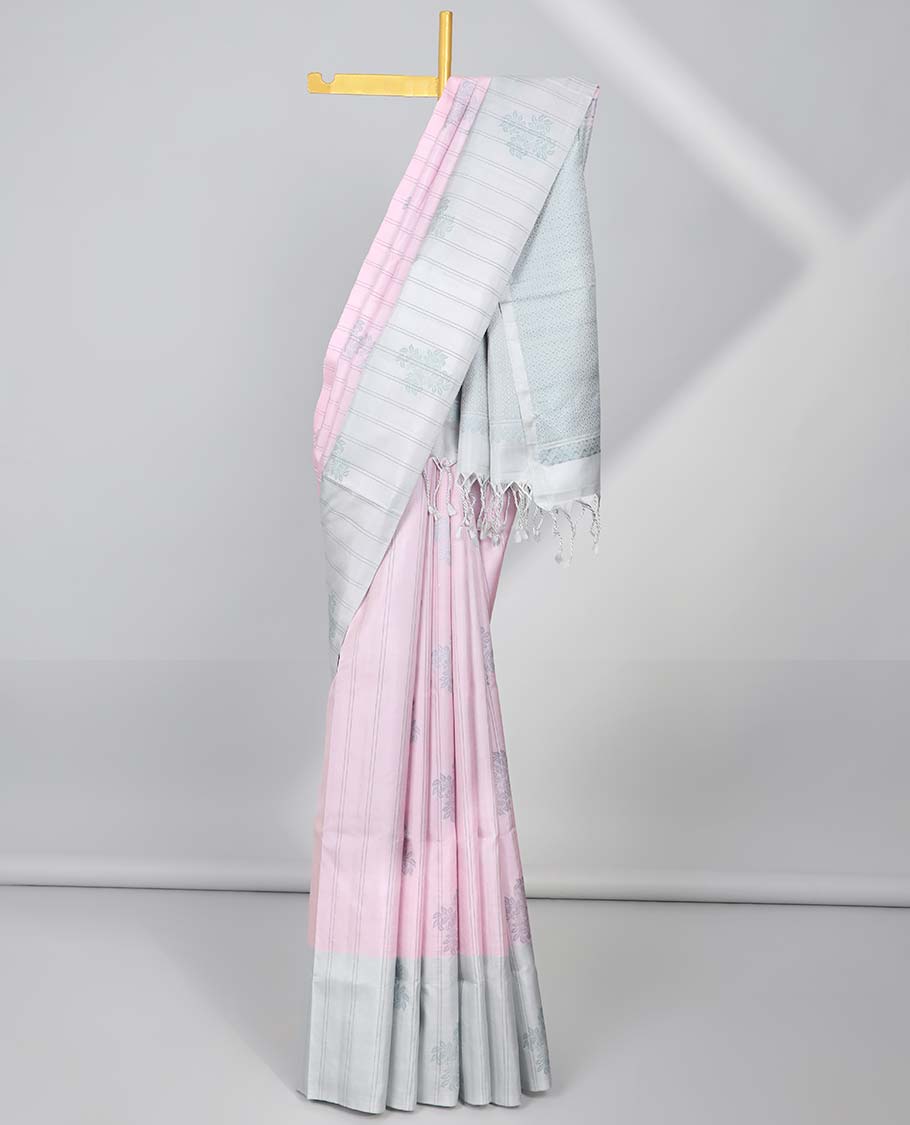Pink striped & floral designs soft silk saree, contrast striped & floral designs border & intricate pallu