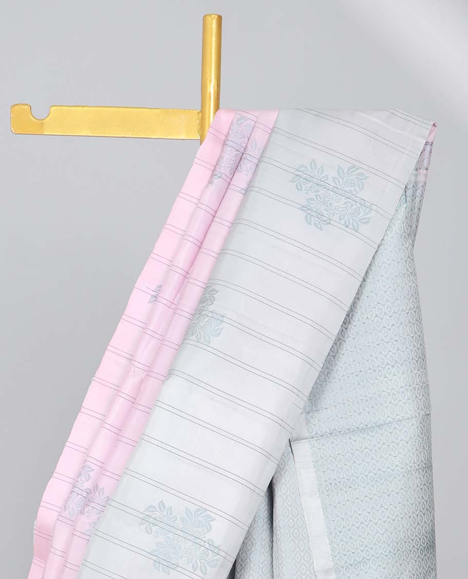 Pink striped & floral designs soft silk saree, contrast striped & floral designs border & intricate pallu