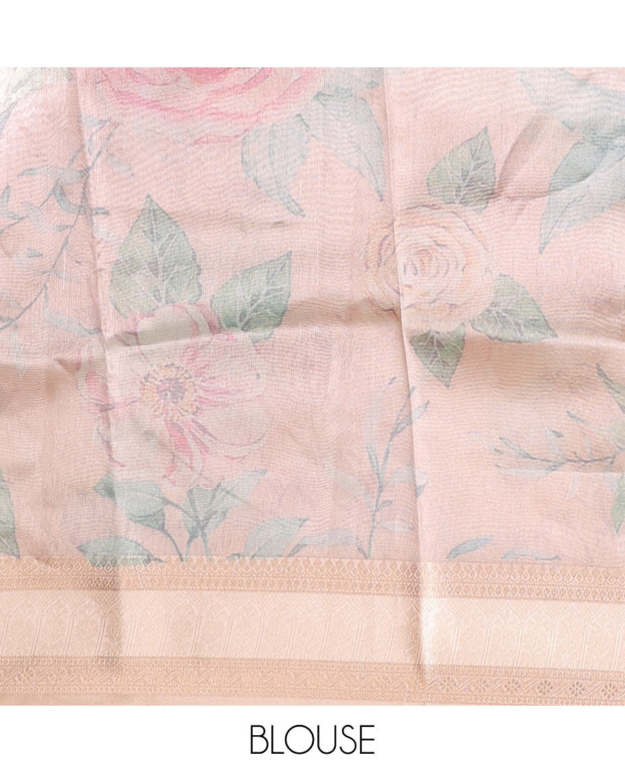 Multi-color solid semi-banaras tissue saree, contrast traditional zari border & pallu of floral print