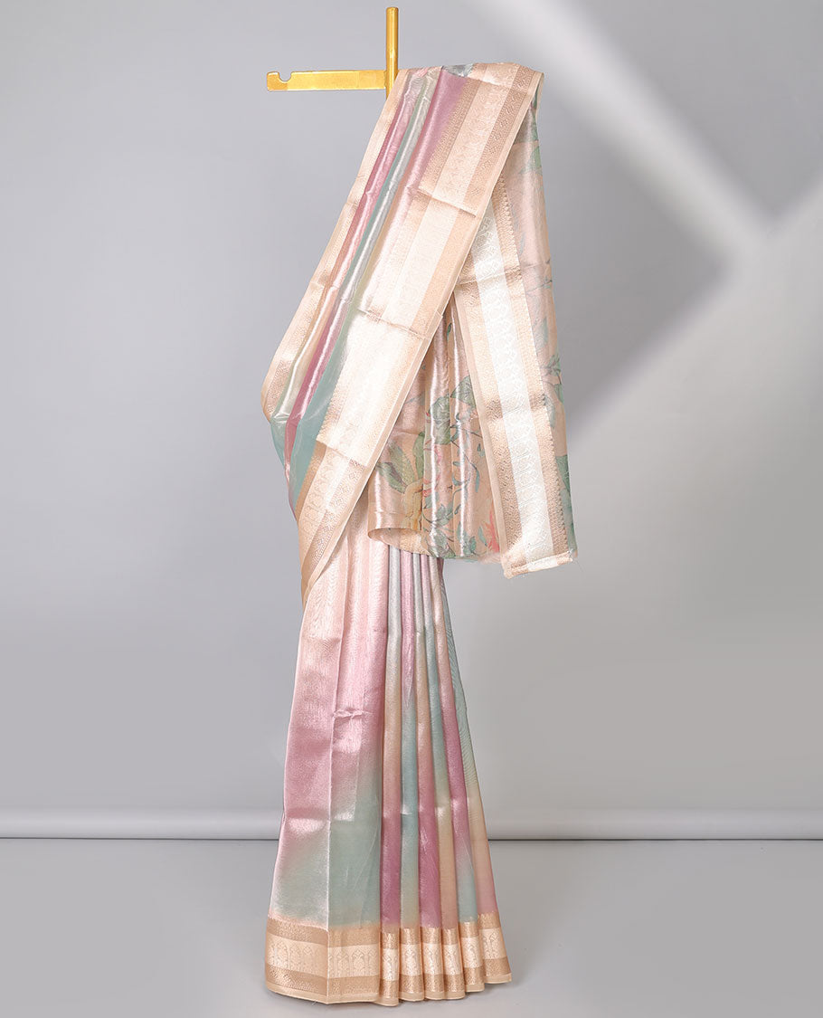 Multi-color solid semi-banaras tissue saree, contrast traditional zari border & pallu of floral print
