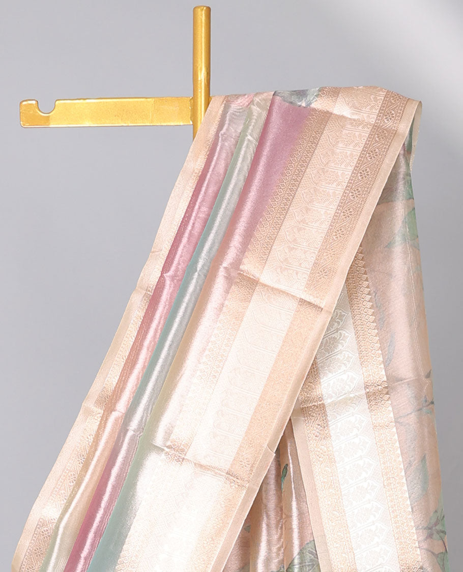 Multi-color solid semi-banaras tissue saree, contrast traditional zari border & pallu of floral print