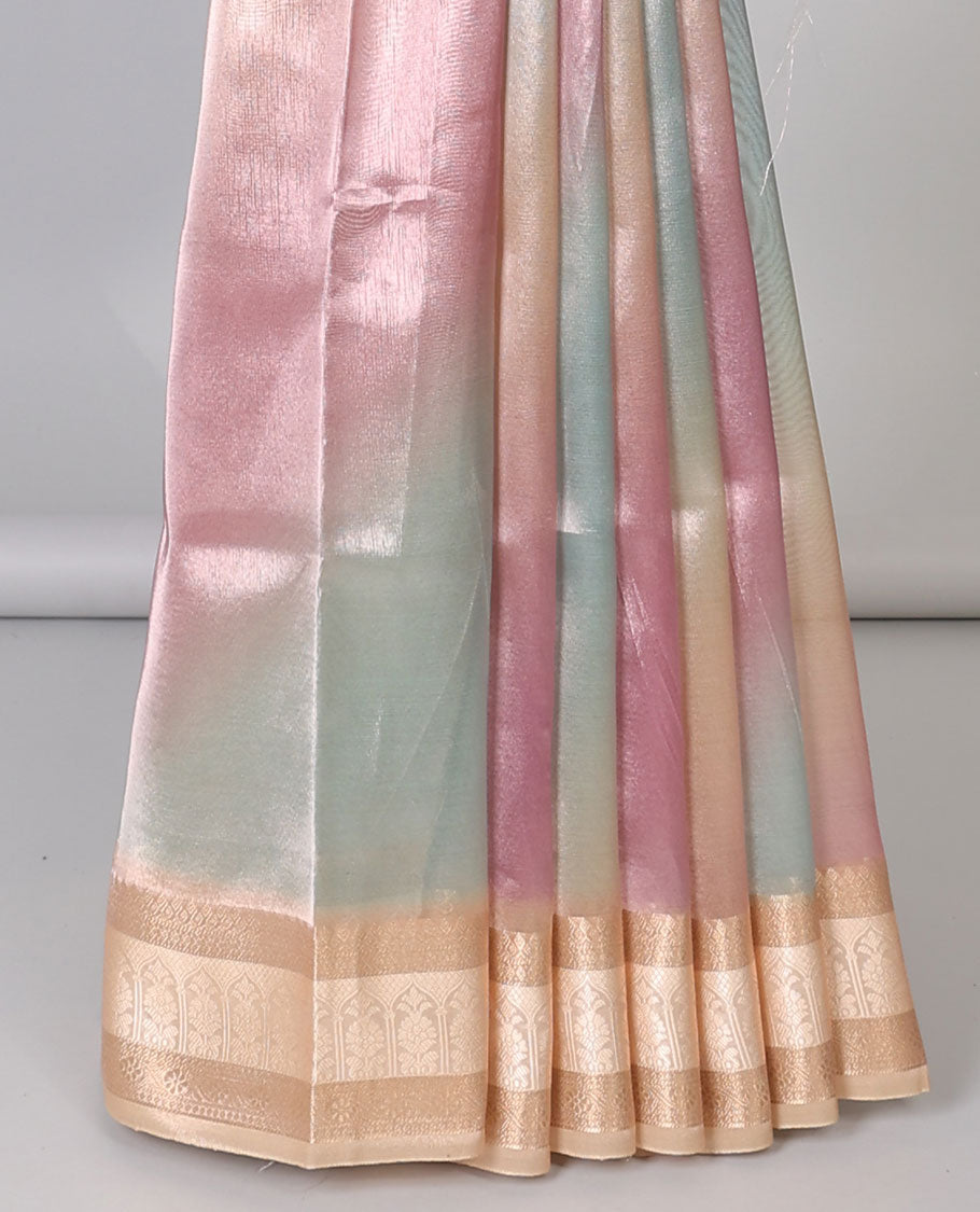 Multi-color solid semi-banaras tissue saree, contrast traditional zari border & pallu of floral print