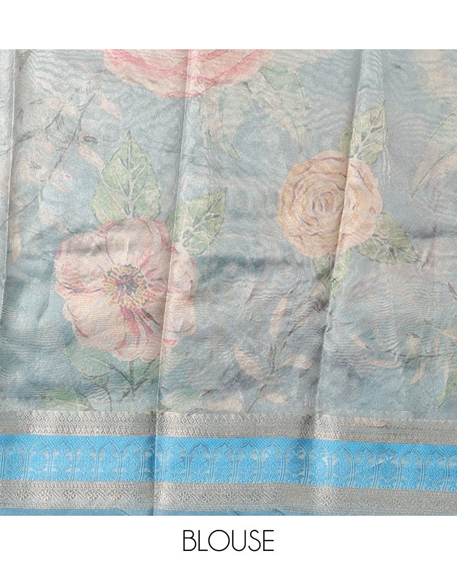 Multi-color solid semi-banaras tissue saree, traditional zari border & pallu of floral print