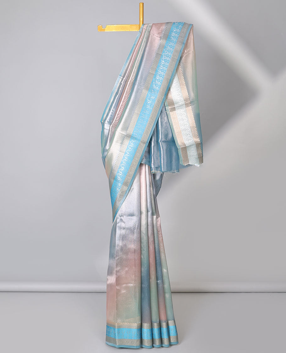 Multi-color solid semi-banaras tissue saree, traditional zari border & pallu of floral print