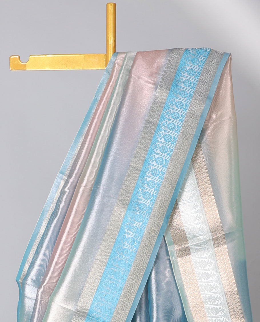 Multi-color solid semi-banaras tissue saree, traditional zari border & pallu of floral print