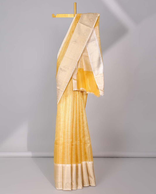 Yellow checked semi-banaras tissue saree, contrast traditional zari design border & intricate pallu