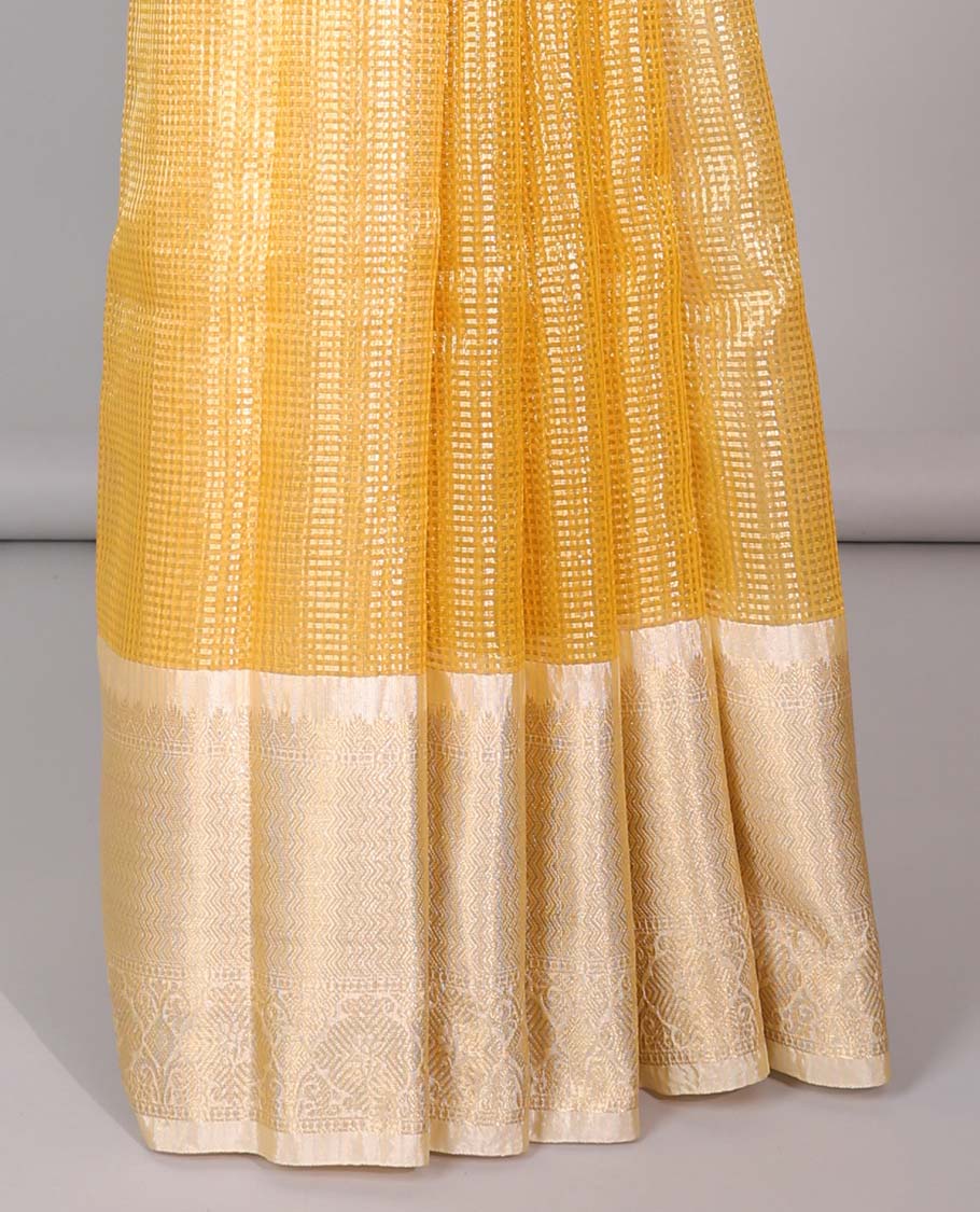 Yellow checked semi-banaras tissue saree, contrast traditional zari design border & intricate pallu