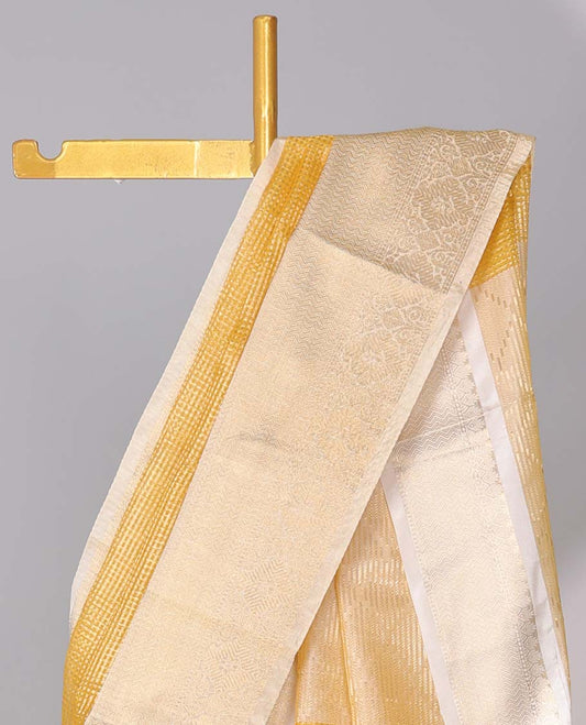 Yellow checked semi-banaras tissue saree, contrast traditional zari design border & intricate pallu