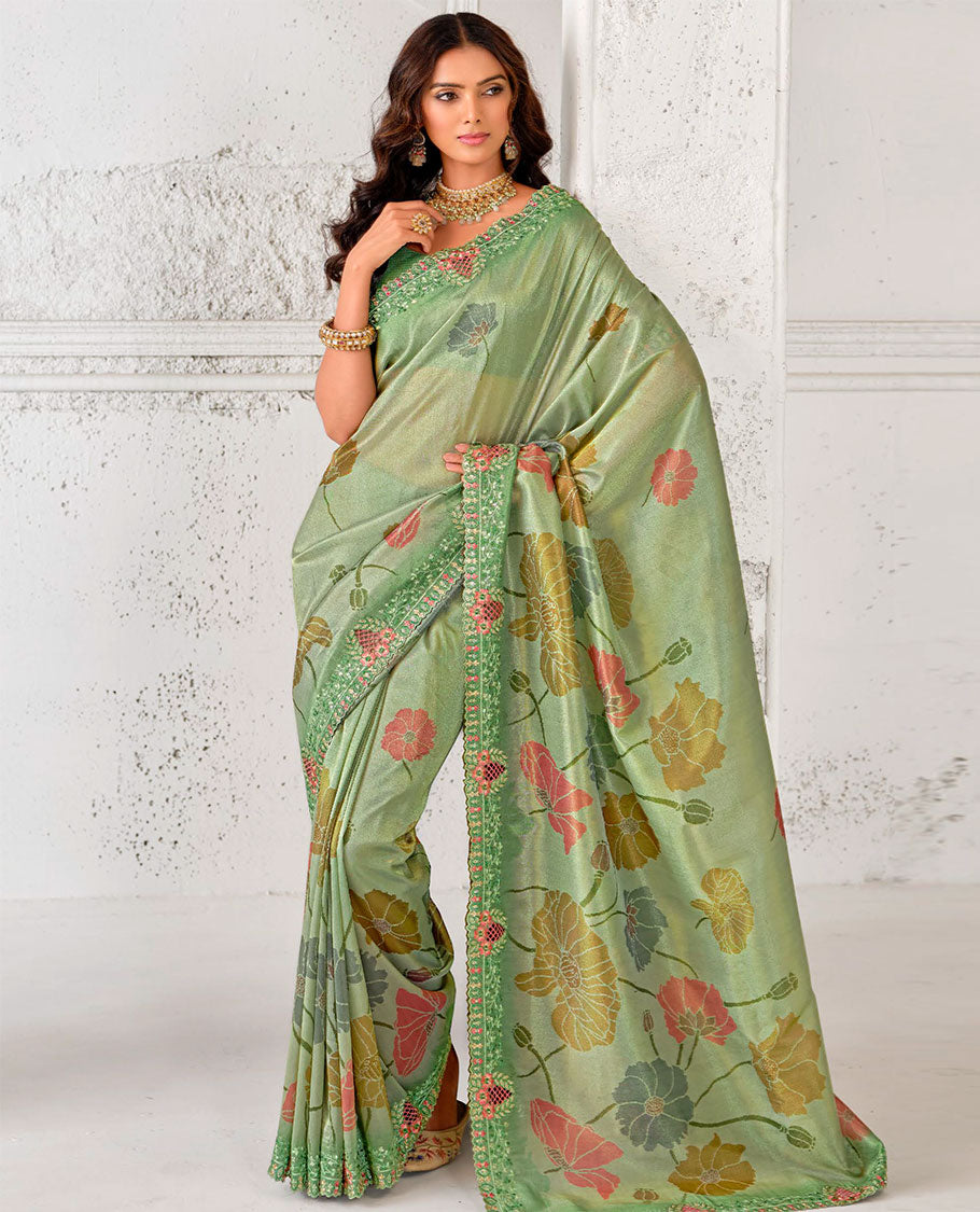 Green floral motifs printed designer catalog saree, scallop floral embroidered cut-work border