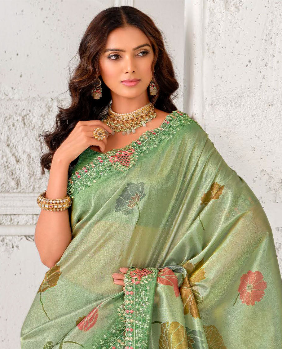 Green floral motifs printed designer catalog saree, scallop floral embroidered cut-work border