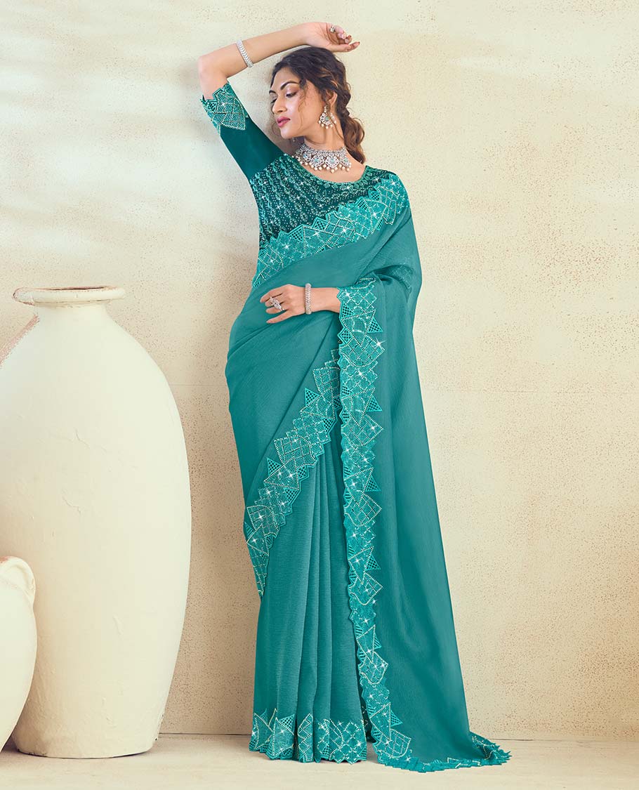 Blue plain design designer catalog saree, geometric sequins embroidered cut-work scallop border