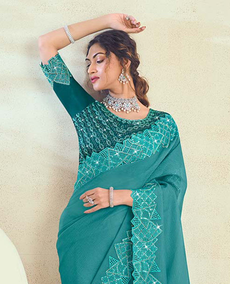 Blue plain design designer catalog saree, geometric sequins embroidered cut-work scallop border
