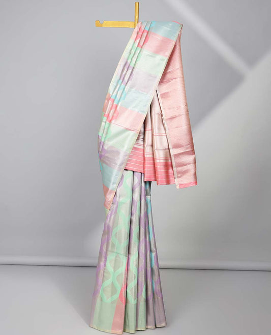 Multi-color ogee jacquard budget silk saree, plain border & contrast traditional design pallu