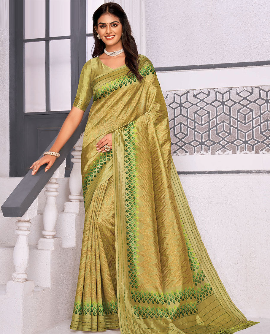 Green chevron striped designer catalog saree, self-border & pallu of triangles & dotted stripes