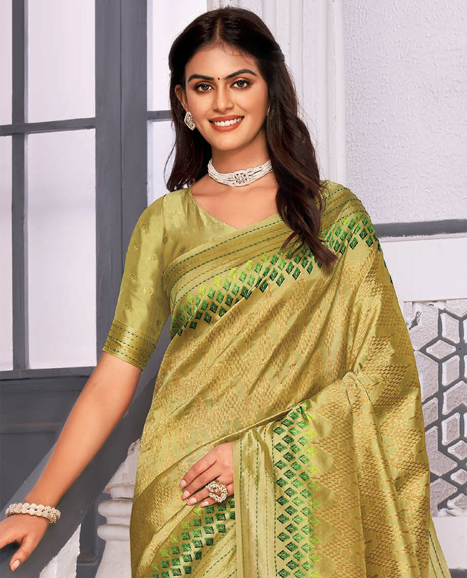 Green chevron striped designer catalog saree, self-border & pallu of triangles & dotted stripes