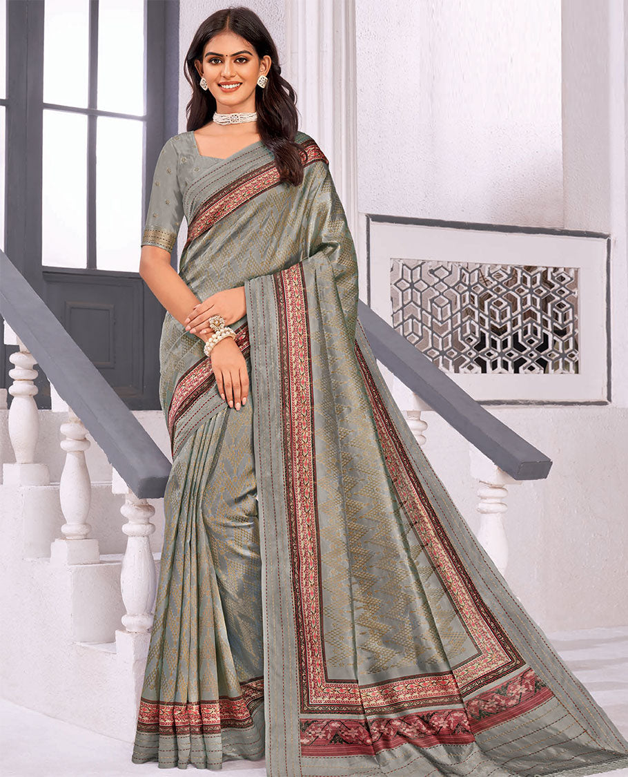 Grey chevron printed designer catalog saree, geometric print & thread work border & floral printed pallu