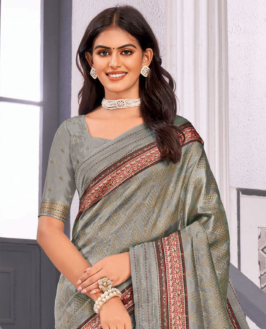 Grey chevron printed designer catalog saree, geometric print & thread work border & floral printed pallu