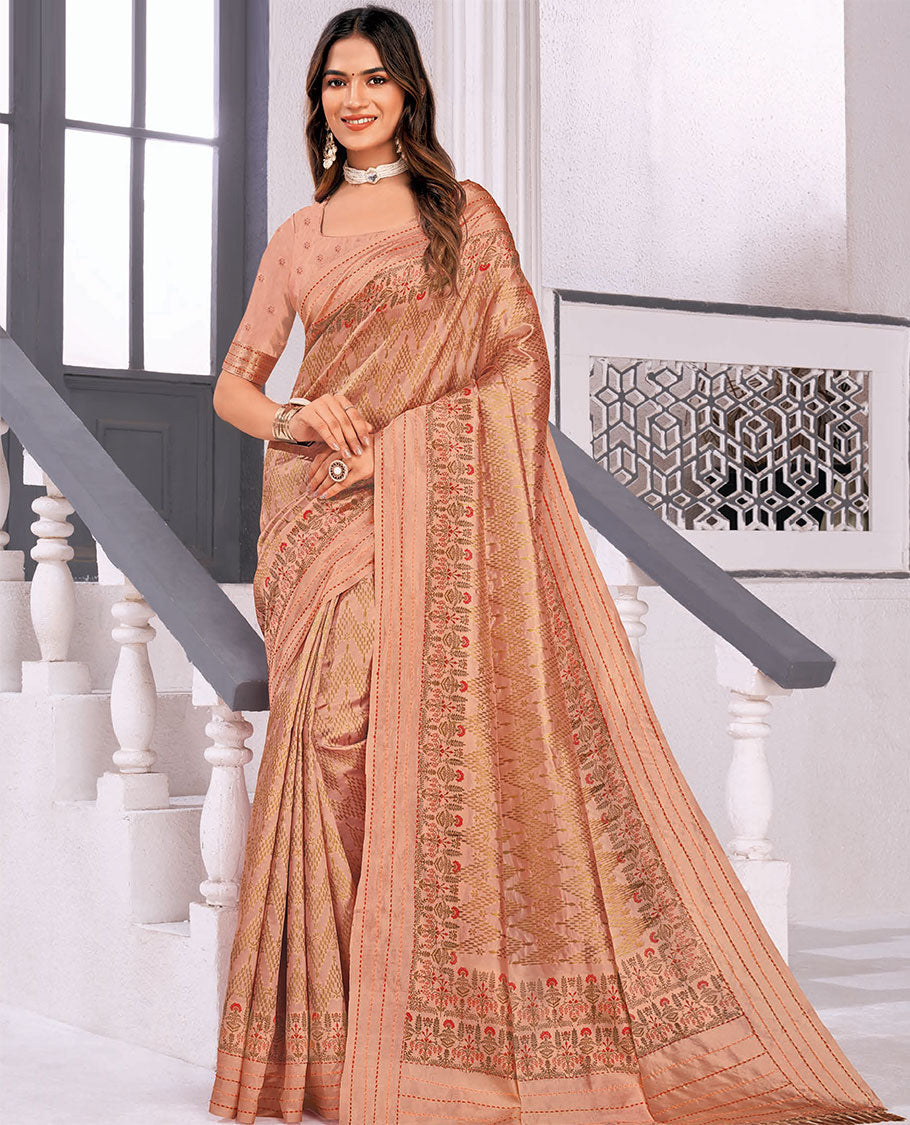 Orange chevron printed designer catalog saree, floral printed border & pallu