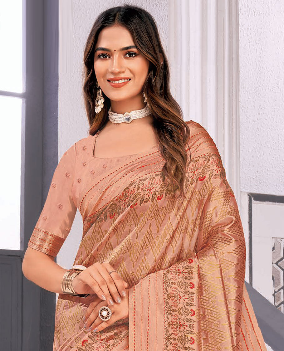 Orange chevron printed designer catalog saree, floral printed border & pallu