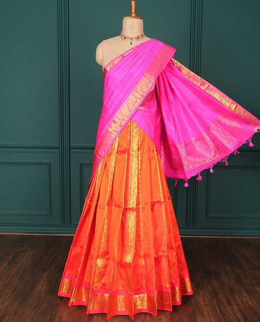 Orange zari designs pure-silk half saree, contrast zari design blouse, mayil design zari border & jaal dhavani